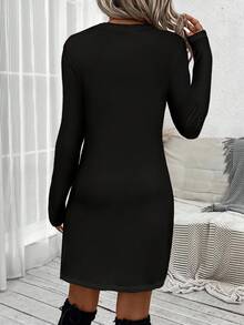 SHEIN LUNE Women's Casual Heart Rhinestone Embellished Fitted Long Sleeve Dress, Suitable For Autumn/Winter Spring Women Long Sleeve Dress