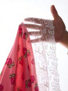1pc Girls' Traditional Arabic Abaya Dress, Round Neck, Patchwork, Floral Print, Ruffle Trim, Puff Sleeve, Pleated Hem, Mid-Length, Spring/Summer - Pink - View 7