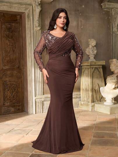 Aureia Vestido maxi elegante y lujoso de talla grande con cuello asimétrico, manga larga, volantes asimétricos, ajustado y con dobladillo de cola de pez, en color café, adecuado para cenas formales, fiestas de solteros, citas, bailes, vacaciones y eventos de boda