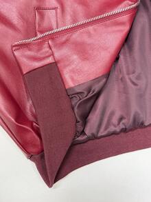 SHEIN EZwear 秋冬季红色PU皮落肩长袖拉链夹克