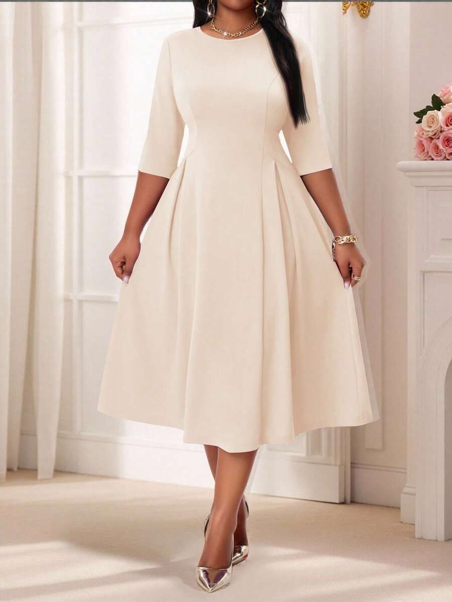 SHEIN Lady 大码女式优雅夏季冬季紫色针织圆领飘逸长袖连衣裙，适合化装舞会、舞会等场合，白色长袖连衣裙，情人节服装，情人节礼物 - 卡其色 - 查看 1