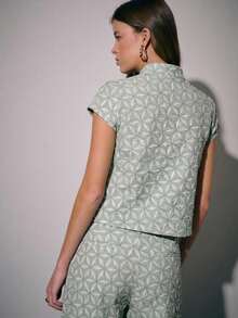 Nöista Geometric Short-Sleeve Top And Wide-Leg Pants Set With Detailed Chinese Buttons.Coordinated Two Pieces Perfect For Summer Outfits Spring Break - Mint Green - View 2