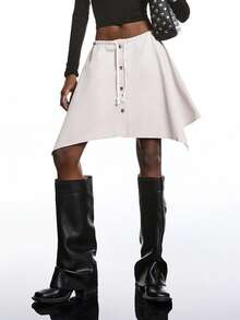 LYSMO 2025 Women's Minimalism White Autumn Casual Skirt,Solid Color Asymmetric Hem Twist Front Belt Tie Skirt,Winter Date Christmas New Year Look Skirts - Grey - View 1