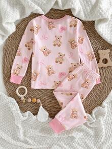 THE HAPPY LOOK Young Girl Cartoon Bear Pattern Knit Soft Crew Neck Long Sleeve Top And Elastic Waist Long Pants Snug Fit 2-Piece Pajama Set Bow Pjs Kids Pj Set Girl Pink Pink Pajama Set Teddy Bear Pajama Set Bow Pajama Set - Multicolor - View 2