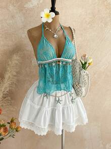 Soleia Blue Top Women's Summer Set Vacation Outfits Women Carnival Women's Floral Lace Starfish Trim Sexy Halter Backless Blouse - Mint Blue - View 1
