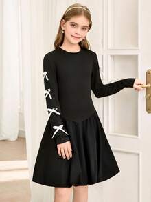 SHEIN 女童长袖白色蝴蝶结简约优雅休闲黑色翻领连衣裙，适合外出、上学、通勤，可搭配外套、夹克、风衣。 - 黑色 - 查看 4