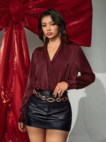 Lyxana Women's Fashion Elegant Commuter Style Wide Lapel Crossover Neckline Pleated Waist Split Dropped Shoulder Long Sleeve Bodysuit Red Leather Skirt Dark Red Top Wine Red Top Burgundy Blouse Maroon Top - Burgundy - View 5