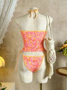 Swim Mod Casual Cute Tropical Ditsy Floral Halter Tankini Set - Multicolor - View 2