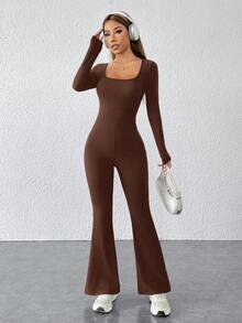 SHEIN PETITE Mono negro con cuello cuadrado y pierna acampanada - Marrón - Ver 8