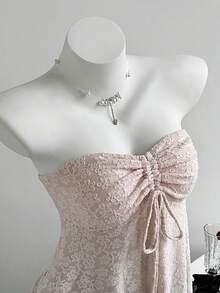 SHEIN Unity Women's Pink Jacquard Drawstring Strapless Ruffle Hem Top, Spring/Summer - Pink - View 1