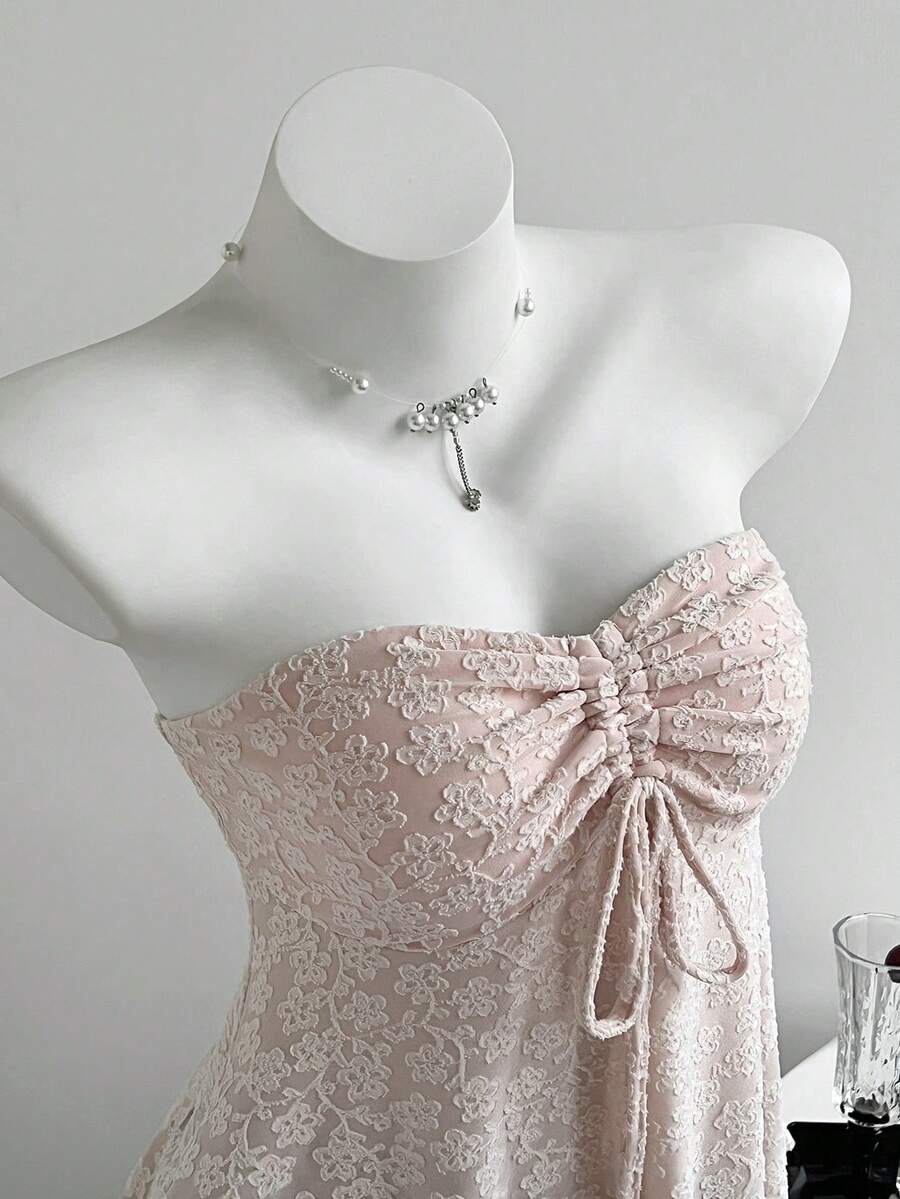 SHEIN Unity Women's Pink Jacquard Drawstring Strapless Ruffle Hem Top, Spring/Summer - Pink - View 1