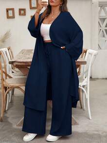 EMERY ROSE Elegant Plus Size Navy Blue Woven Fabric Two Piece Set Long Sleeve Drop Shoulder Top And Pants Fall - Navy Blue - View 3