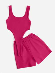 Comfortcana Bộ đồ hai mảnh nữ Gân đan Dây kéo Túi màu trơn Giải trí - Màu Hồng Tươi - Xem 2