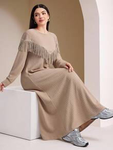 Veilorie 女士休闲纯色长袖圆领长连衣裙 - 卡其色 - 查看 1