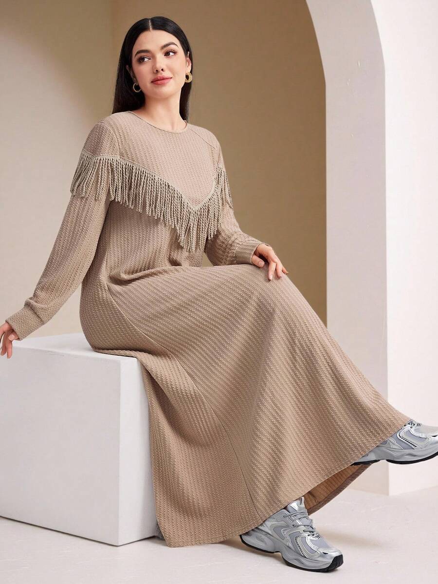 Veilorie 女士休闲纯色长袖圆领长连衣裙 - 卡其色 - 查看 1