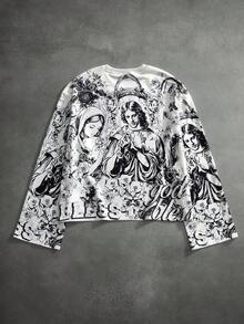 PAVTROS Men's Full Print Long Sleeve T-Shirt, Short Fit, Flared Sleeves, Street Style Large Graphic Print - Apricot - View 2