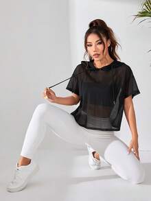 Velisys 2件装女士纯色短袖抽绳连帽宽松卫衣透视网纱上衣女式薄纱上衣 - 黑色 - 查看 5