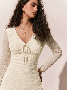 Poéselle 女士V领前系带长袖时尚迷你连衣裙 - 白色 - 查看 7