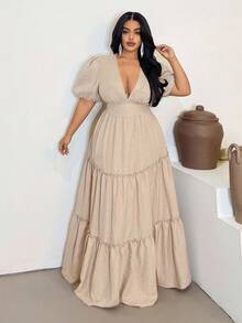 Maweii 大码女式层叠荷叶边V领泡泡袖连衣裙 - 杏色 - 查看 2