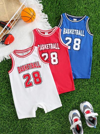 SHEIN 3pcs/Set Newborn Baby Boy Summer Casual Cute Letter Print Colorblock Sleeveless Romper Shorts, Sports Outfit Set