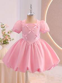 Glamorique Kids 1件装女童方领短泡泡袖蝴蝶结装饰粉色可爱优雅休闲连衣裙，适合日常外出、旅行、度假、派对等场合。 - 粉色 - 查看 7
