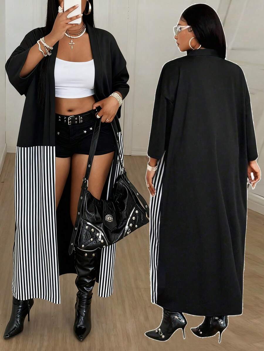 Maweii Plus Size Women Sexy Striped Loose Long Cardigan Jacket, Short/3/4 Sleeve, Versatile For Commute & Daily Wear, Spring/Summer - Black - View 1