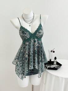 Elamini 复古 Perris 印花网纱亮片不对称下摆吊带背心，女士，春夏款 - 綠色 - 查看 3