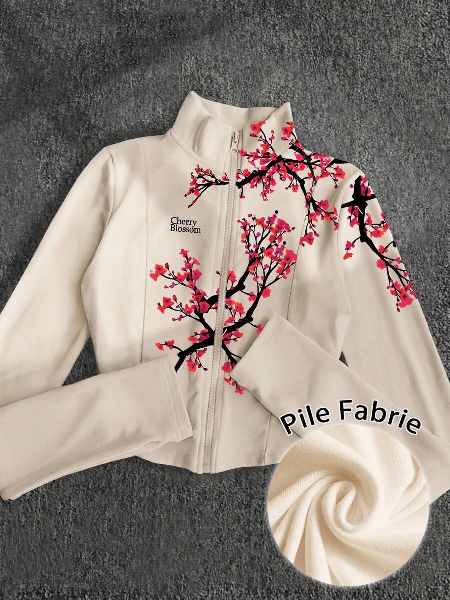Glimmora Y2K风格杏色樱花标语印花丝绒薄外套，时尚休闲运动拉链设计女士修身长袖外套，适合户外旅行，礼品 - 彩色 - 查看 1