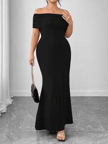 Elenzga 大码女士优雅纯色露肩露背修身连衣裙 - 黑色 - 查看 3
