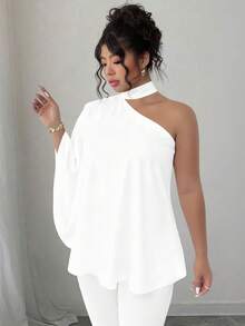 SHEIN Elenzya 大码女式不对称肩部系带纯色衬衫 - 白色 - 查看 3