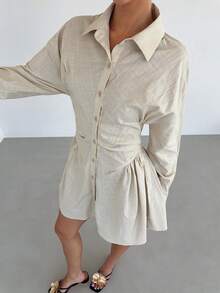 Siren Gaze 女士纯色长袖褶裥单排扣休闲衬衫裙 - 杏色 - 查看 2