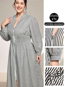 Momelise Váy dài tay thanh lịch họa tiết sọc cỡ lớn có khóa kéo nửa - Nhiều màu - Xem 1