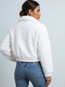 Chamarra de invinero ligera para  mujer corta tejido ligero peluche sintético texturizado cierre frontal cuello camisero manga larga diseño cálido estilo moderno ligera ideal invierno casual - Blanco - Ver 2