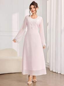 Al Najma 女士优雅、奢华、精致的日常/通勤连衣裙，饰有刺绣、亮片、仿亮片、蕾丝拼接细节，粉色阿拉伯风格 - 淺粉色 - 查看 3