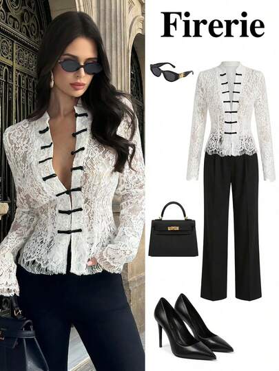 Firerie Women's White Lace Black Button Waist Long Sleeve Blouse, Retro Palace Style Top, New Chinese Style Shirt, White Lace Long Sleeve Blouse, Semi-Sheer Lace Top, Spring/Summer/Autumn Wear, Elegant, Commute, Date, Party, Wedding, Graduation, Performance, Concert, Work, Back To School, Annual Meeting, Women's Birthday