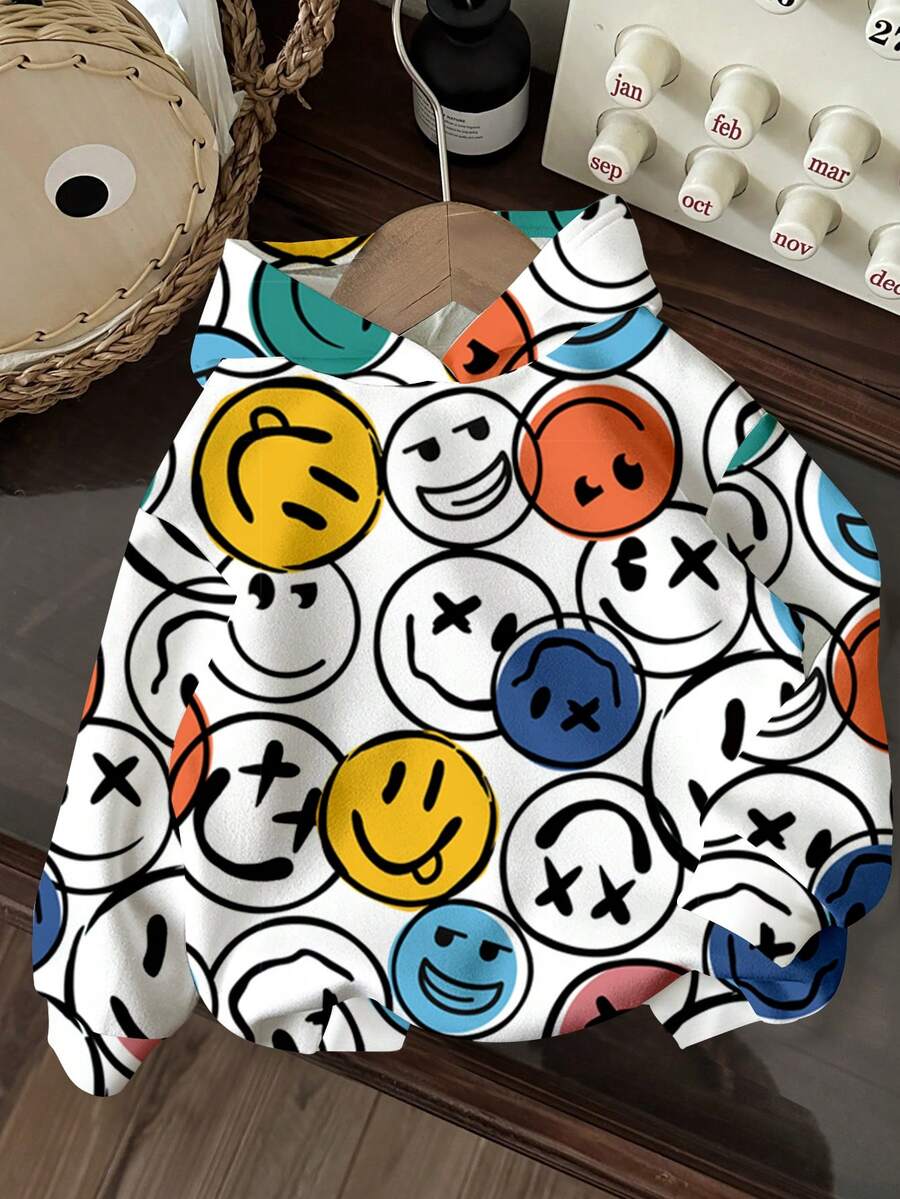 SHEIN 男婴休闲简约卡通笑脸图案宽松柔软针织连帽运动衫，适合秋冬季 - 彩色 - 查看 1