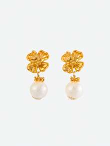 Opalesca 1 Pair Fashionable & Elegant Flower Shaped Pearl Earrings For Women,Outfits,Old Money,Wedding/Bridal Accessories,Western Jewelry,Fairycore/Fairy,Pearl,Fall/Autumn/Winter,For Mom/Women/Girl/Mother,Elegant - Gold - View 2