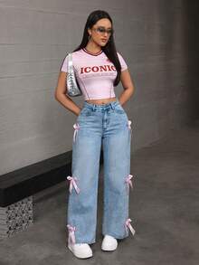 SHEIN ICON 女士蝴蝶结装饰口袋阔腿宽松休闲牛仔裤 - 淺色水洗藍 - 查看 3