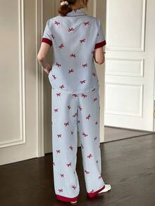 Napfluff 撞色蝴蝶结条纹印花翻领红色纽扣短袖上衣和裤子睡衣套装，春夏服装，蓝色条纹睡衣套装 - 藍色 - 查看 4