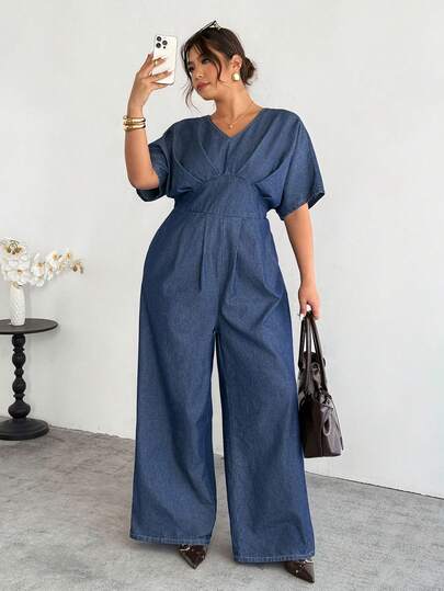 Firerie Plus Size Solid Color Minimalist V-Neck Short Sleeve Denim Jumpsuit,Valentine's Day,Summer,Carnival,Beach,Party,Elegant Party Dress, Going Out Casual Vacation Spring Outfit For Women, Spring Jumpsuit For Women