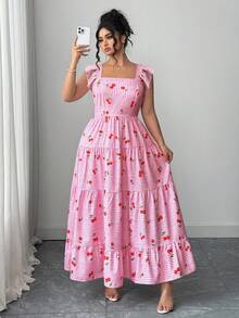 Elenzga Váy maxi tay phồng cổ vuông họa tiết caro màu hồng anh đào ngọt ngào cỡ lớn dành cho nữ thời trang xuân/hè, dáng chữ A thắt eo thanh lịch, thích hợp mặc khi đi chơi mùa xuân, mua sắm, tiệc tùng, đi làm, mặc hàng ngày - Nhiều màu - Xem 6