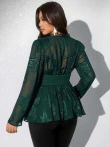 Viva Relle Plus Size Women Ruched V-Neck Long Sleeve Blouse - Dark Green - View 7