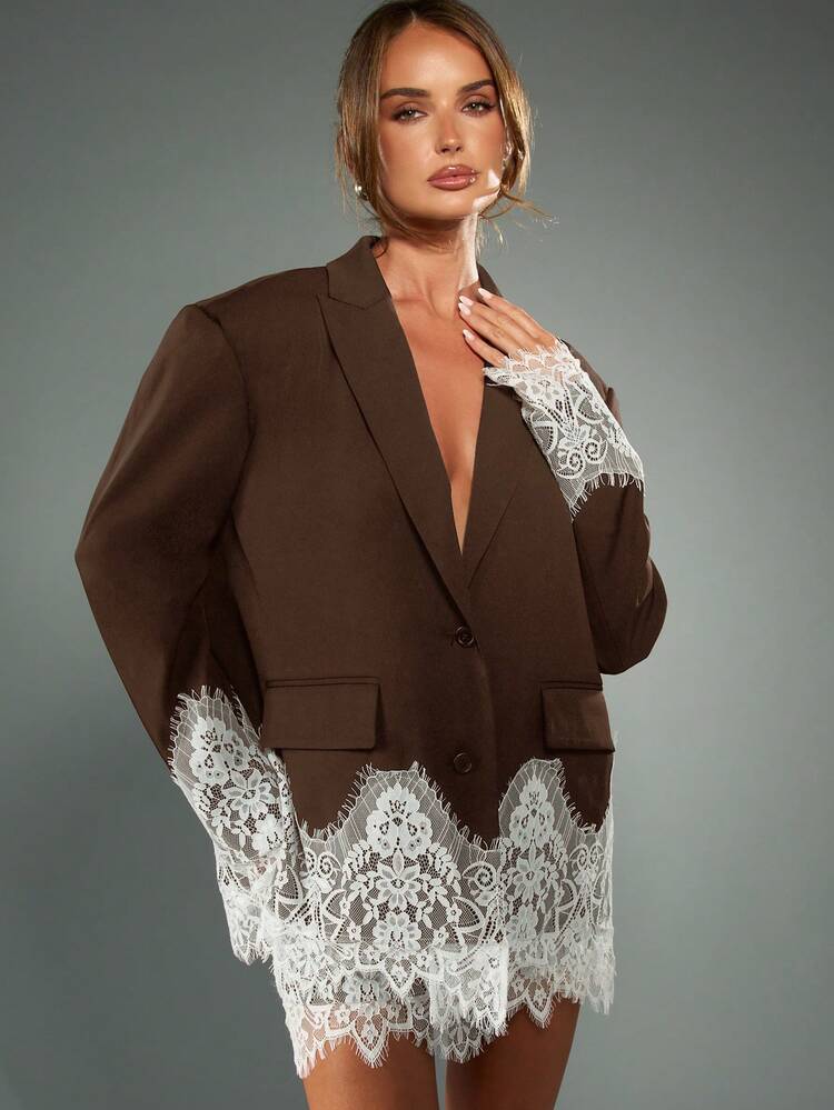 MISSGUIDED Blazer structuré à coupe boîte avec détails de garniture en dentelle décorative. Tenue de travail professionnelle de bureau, veste d'affaires formelle