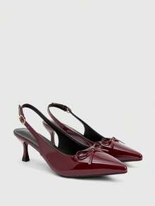 SHEIN BAE 女士优雅尖头蝴蝶结细高跟凉鞋，性感派对正装鞋，适合夏季通勤、夜店、婚礼、派对、户外，有酒红色、黑色、白色、红色可选 - 酒紅色 - 查看 3