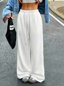 SHEIN PETITE 女士休闲前系腰宽松运动裤，适合春夏穿着，日常穿着及返校季皆宜 - 白色 - 查看 5