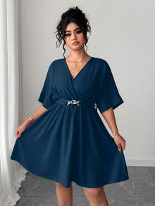 Elenzga Váy dạ hội ngắn màu đỏ cổ chữ V thanh lịch, eo cao, phong cách giản dị và tối giản cho mùa hè - Màu xanh lam - Xem 4