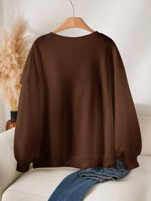 CosyJoli Plus Size Women's Solid Color Bow Decor Round Neck Drop Shoulder Long Sleeve Loose Casual Sweatshirt, Winter Clothes For Women - Brown - View 2