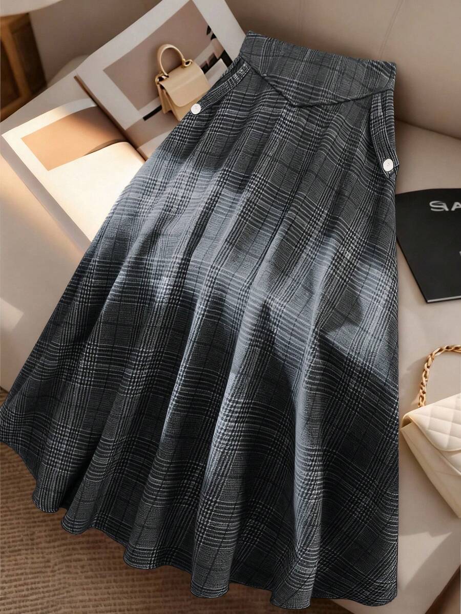 GlowEve CURVE Plus Size Women Plaid Casual Commute Versatile A-Line Skirt - Grey - View 1