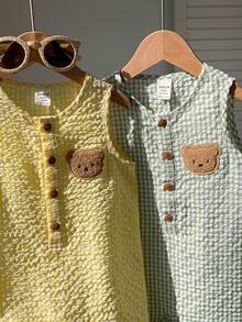 SHEIN Bộ 2 món/Bộ quần áo liền thân không tay họa tiết gấu dễ thương màu kẹo dành cho bé trai/bé gái sơ sinh, phù hợp cho mùa xuân/hè, tiệc sinh nhật, đám cưới, tiệc chào đón em bé - Nhiều màu - Xem 8