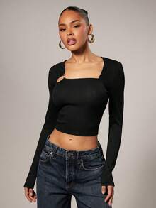 Hauture Women's Ribbed Hollow-Out Design Fashionable Versatile Long Sleeve Casual Top - Black - View 4